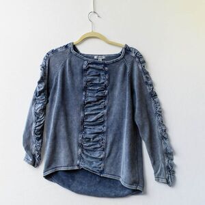 PBJ Blues Womens M acid washed denim sweater ruffle front long sleeve cotton